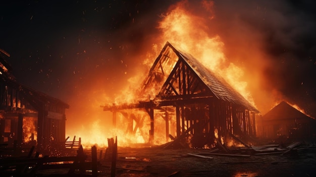 Une maison ou une grange en bois qui brûle la nuit en feu