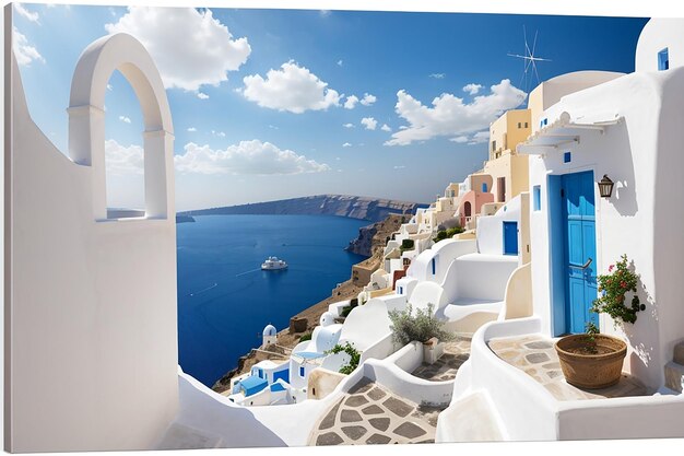 Maison grecque typique avec murs blancs et fenêtres bleues sur l'île de Santorin