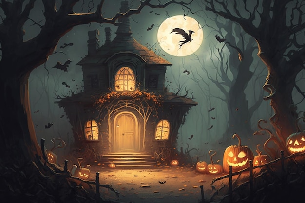 Maison d'Halloween dans une forêt sombre avec des citrouilles et des chauves-souris
