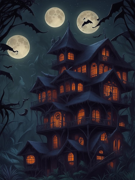 Une maison d'Halloween dans la nuit de la lune de la jungle profonde battant une chauve-souris sur le ciel montrant un fantôme devant la maison