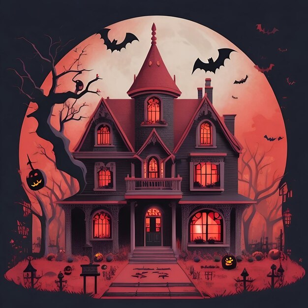 Maison d'Halloween plate avec fond rouge-noir