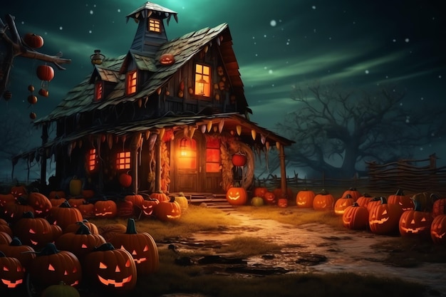 Maison hantée sur le concept de célébration d'Halloween Maison effrayante avec bâtiment désert et citrouille