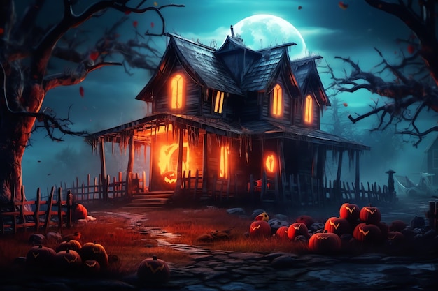 Maison hantée sur le concept de célébration d'Halloween Maison effrayante avec bâtiment désert et citrouille