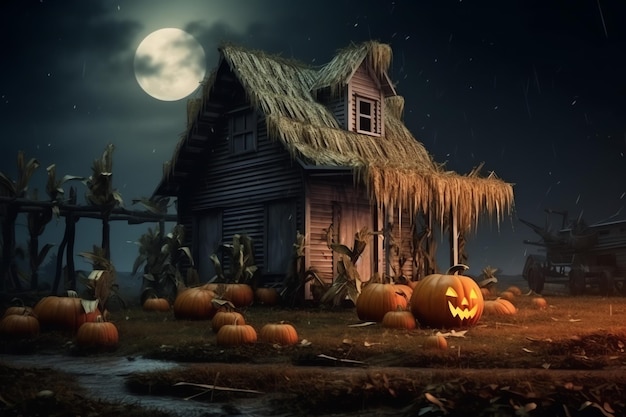 Maison hantée sur le concept de célébration d'Halloween Maison effrayante avec bâtiment désert et citrouille