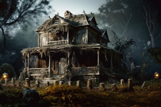 Maison hantée sur le concept de célébration d'halloween Maison fantasmagorique avec bâtiment déserté et citrouille