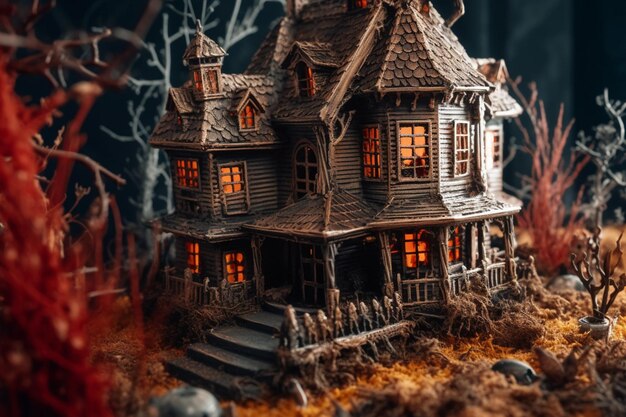 Maison hantée sur le concept de célébration d'halloween Maison fantasmagorique avec bâtiment déserté et citrouille