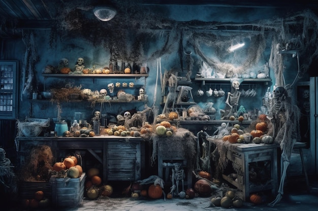 Maison hantée sur le concept de célébration d'halloween Maison fantasmagorique avec bâtiment déserté et citrouille