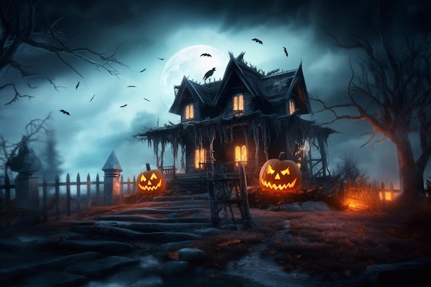 Maison hantée sur le concept de célébration d'halloween Maison fantasmagorique avec bâtiment déserté et citrouille