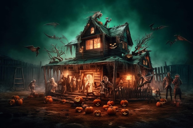 Maison hantée sur le concept de célébration d'halloween Maison fantasmagorique avec bâtiment déserté et citrouille