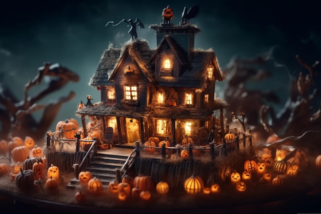 Maison hantée sur le concept de célébration d'halloween Maison fantasmagorique avec bâtiment déserté et citrouille