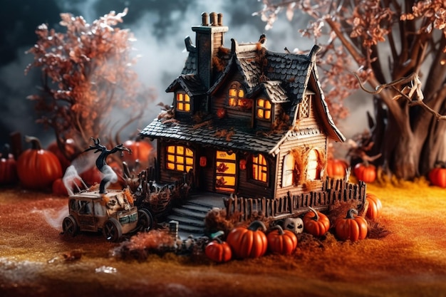 Maison hantée sur le concept de célébration d'halloween Maison fantasmagorique avec bâtiment déserté et citrouille