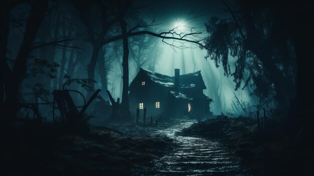 Maison hantée dans les bois la nuit