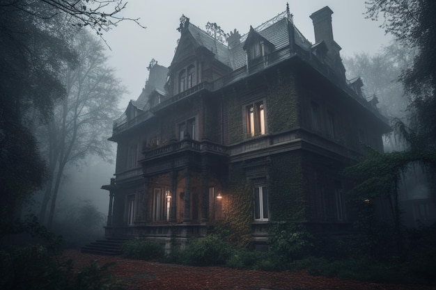 Une maison hantée dans le brouillard