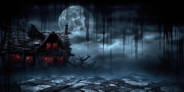 Une maison hantée dans une nuit sombre avec une pleine lune en arrière-plan