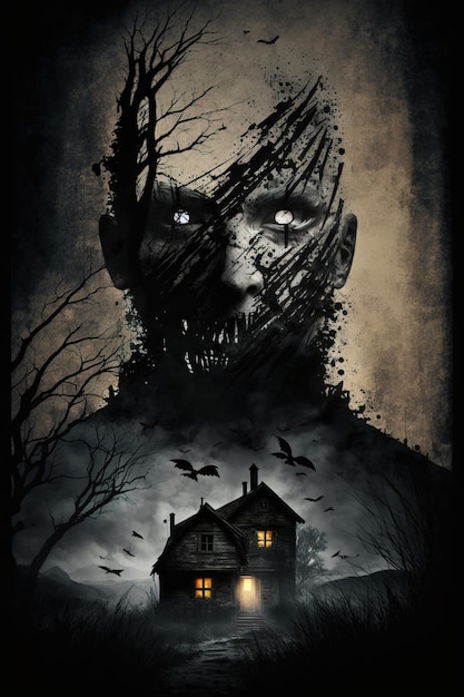 Photo maison hantée fantasmagorique avec un grand visage effrayant une nuit nuageuse