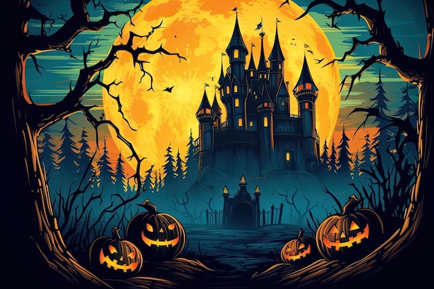 Maison hantée fantasmagorique la nuit d'halloween maison d'halloween sombre avec des citrouilles Généré par AI