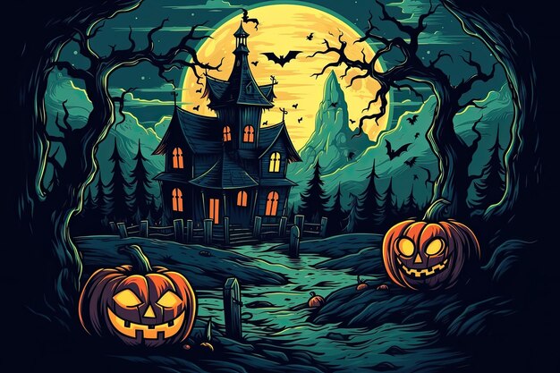 Maison hantée fantasmagorique la nuit d'halloween maison d'halloween sombre avec des citrouilles Généré par AI