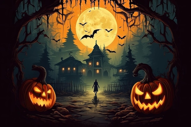 Maison hantée fantasmagorique la nuit d'halloween maison d'halloween sombre avec des citrouilles Généré par AI