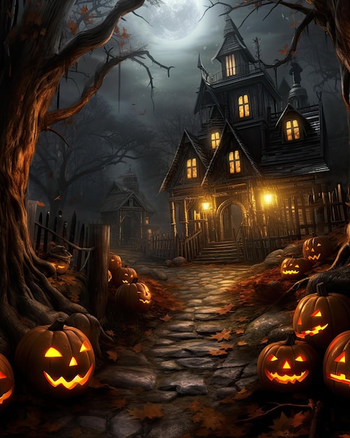 Maison hantée fantasmagorique la nuit d'halloween maison d'halloween sombre avec des citrouilles Généré par AI