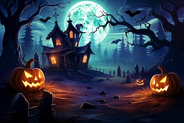 Maison hantée de fond d'Halloween et pleine lune