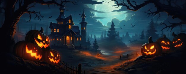 maison hantée d'halloween avec des chauves-souris et la lune