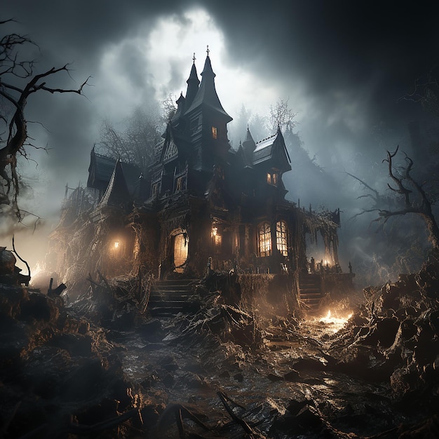 Maison hantée d'Halloween dans une forêt sombre générée par l'IA