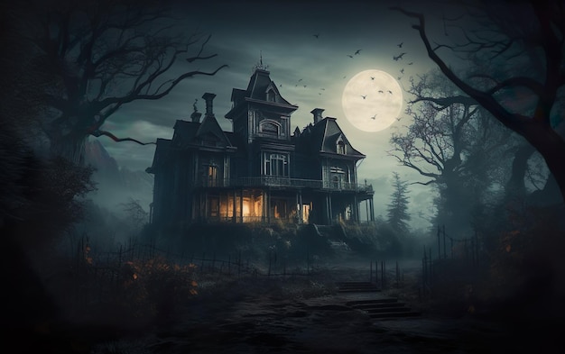 Maison hantée d'Halloween dans une nuit effrayante AI Generative AI