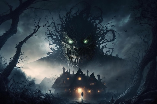 Maison hantée maison sombre et effrayante avec un grand visage d'horreur