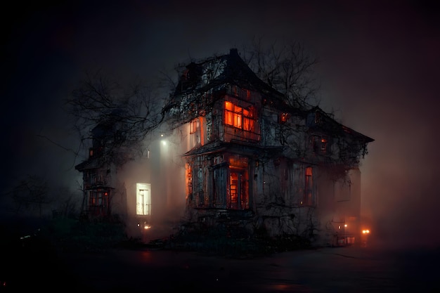 Maison hantée sombre avec des fenêtres illuminées à l'art généré par le réseau de neurones de la nuit d'halloween sombre et brumeuse