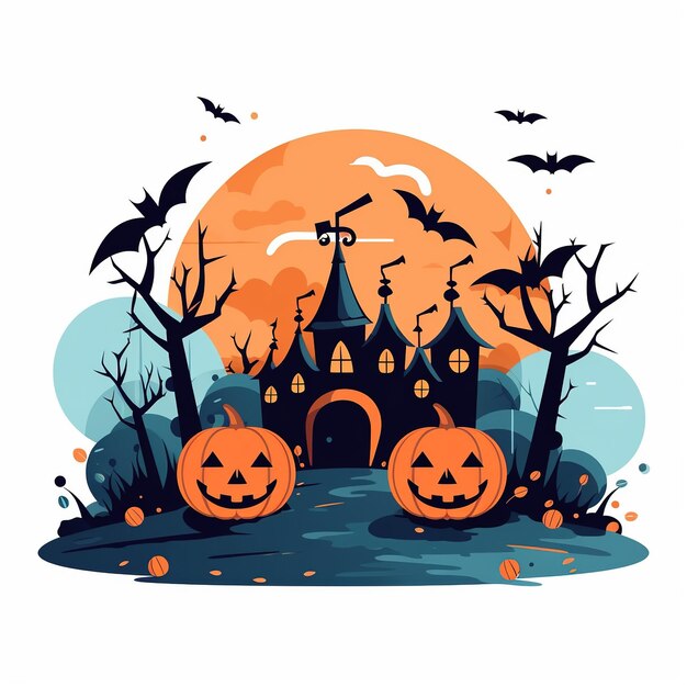 La maison hantée de la sorcière, les citrouilles, les chauves-souris, les vacances d'Halloween, le design effrayant, la tête de citrouille, la génération Ai.