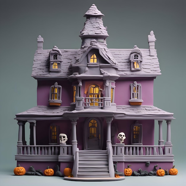 Maison hantée violette d'Halloween avec rendu 3D de citrouilles sur fond gris