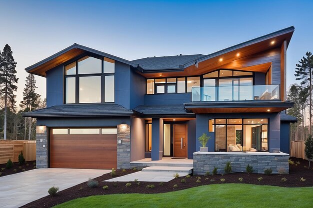 Une maison haut de gamme nouvellement construite complétée par un ciel bleu foncé