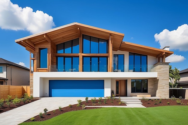 Une maison haut de gamme nouvellement construite complétée par un ciel bleu foncé
