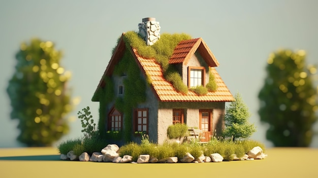 Une maison avec de l'herbe sur le toit