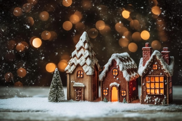 Une maison d'histoire de Noël avec un arbre de Noël sur le devant