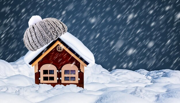 Photo maison en hiver concept de système de chauffage et froid temps enneigé avec un modèle d'une maison portant