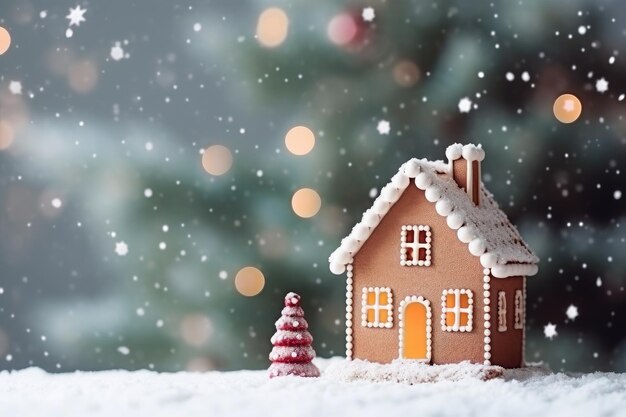 maison d'hiver avec des fenêtres lumineuses une tempête de neige