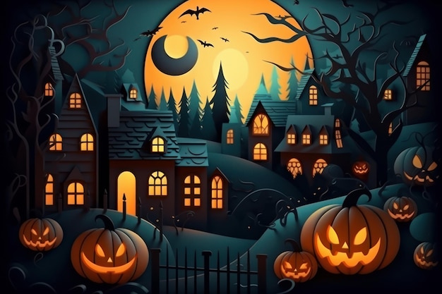 Une maison d'horreur de dessin animé avec des citrouilles d'Halloween