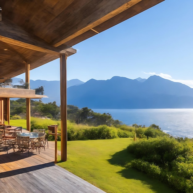 Une maison d'hôtes avec vue et arrière-plan coloré généré par IA