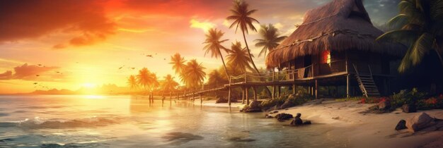 Une maison sur l'île au coucher du soleil avec des palmiers