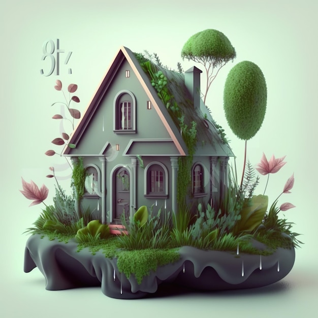 Maison d'illustration 3d avec plantes et jardin, herbe