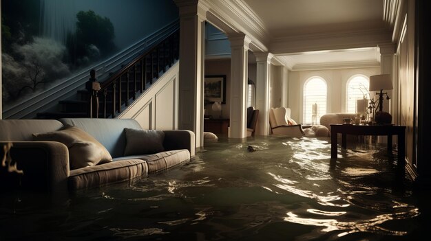 Photo maison inondée avec des pièces pleines d'eau générative ai