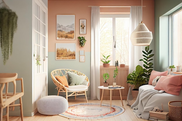 Maison d'inspiration scandinave avec une touche de style boho avec des murs pastel et des textures naturelles