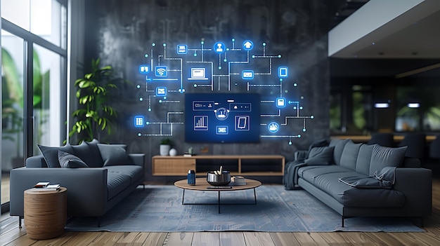 Photo une maison intelligente avec des appareils connectés et des icônes numériques une maison lumineuse avec du symbolisme