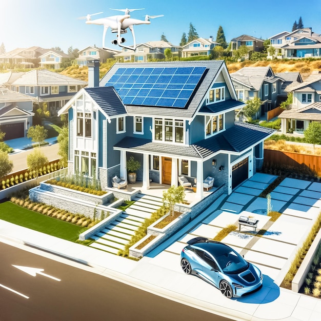 La maison intelligente du futur alimentée par l'énergie solaire avec une voiture autonome et un drone