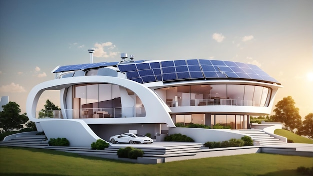 Photo maison intelligente générique futuriste avec des panneaux solaires système sur le toit enabler les concepts d'énergie aussi large