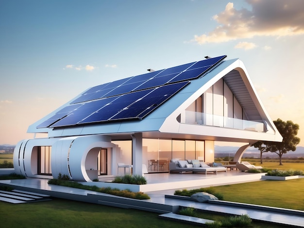 maison intelligente générique futuriste avec système de toit de panneaux solaires pour des concepts d'énergie renouvelable aussi larges