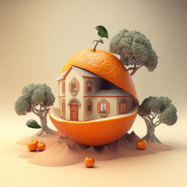 Une maison à l'intérieur d'une orange avec des arbres au fond.