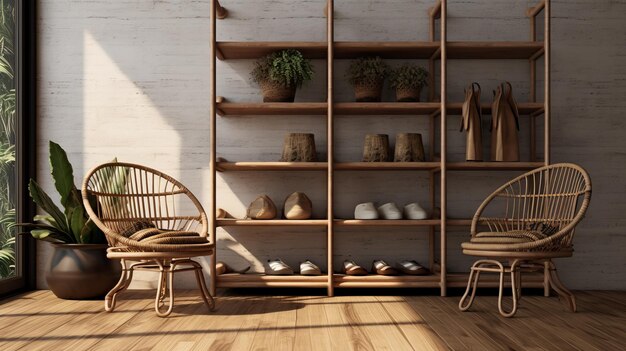 Photo une maison d'intérieur réaliste et détaillée avec des étagères en bois et des chaises en rattan