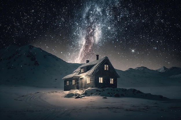 Une maison isolée sur un fond enneigé avec le blanc de la neige créant un contraste saisissant avec les tons sombres de la maison Generative AI